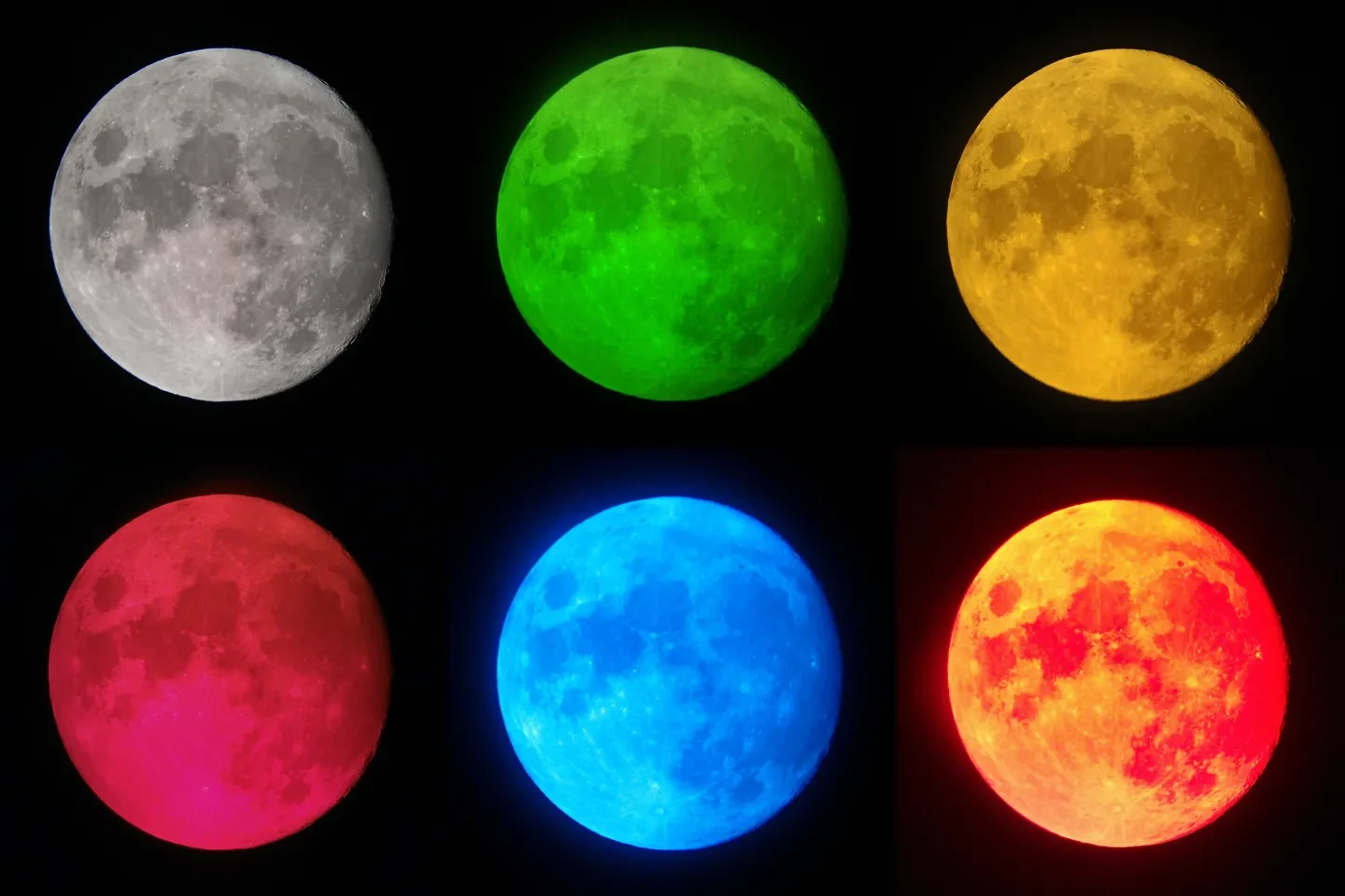 Six images of the moon with coloured filters.